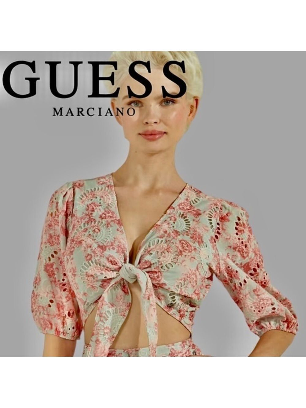 GUESS NWT Silvia Tie-Front Puff Sleeve Embroidered Eyelet Cotton Crop Top/XL
